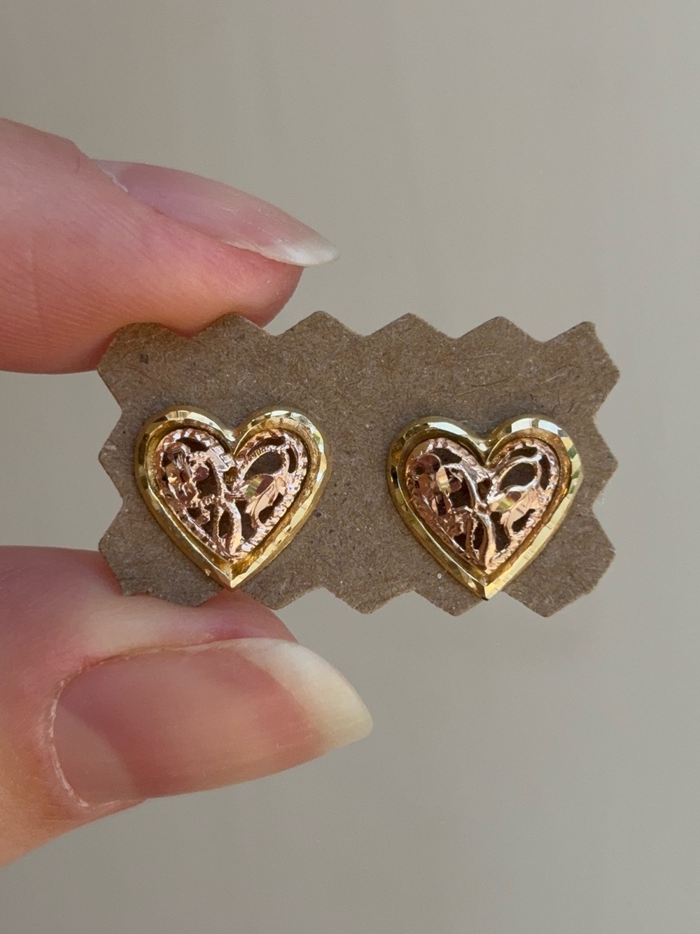 14k Rose & Yellow Gold Vintage Filigree Floral Heart Stud Earrings